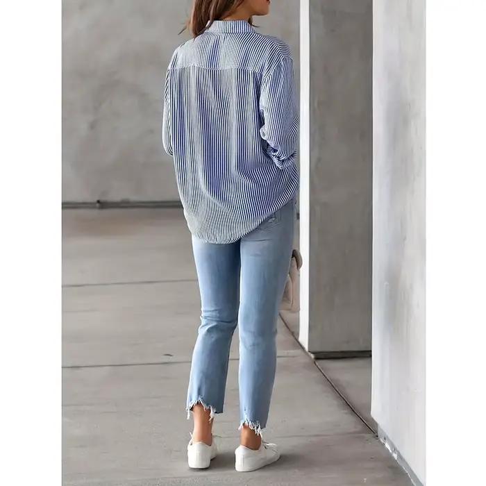 Chemise Classique à Rayures Bleues Pour Femmes Style Décontracté Taille Ample Femmes Occasions Spéciales Bureau Automne Hiver
