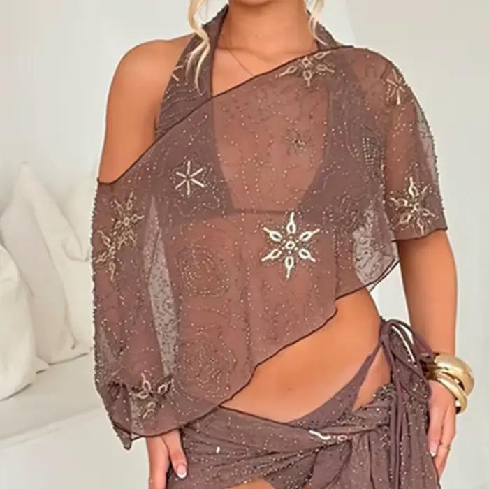 Cape asymétrique transparente à sequins et perles pour femmes style coquette pour mariages et soirées élégantes