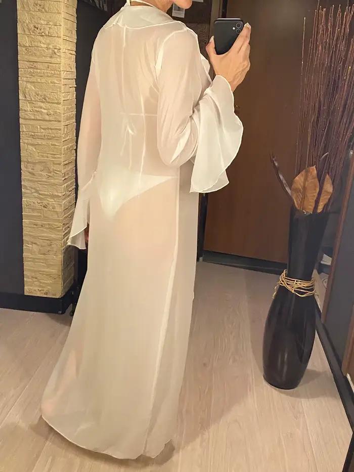 Nouveau Sexy col en V à volants à manches longues en mousseline de soie tunique plage couvrir couverture robe