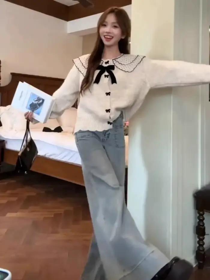 Nuisette kawaii en polyester et coton pour femme avec arc décoratif et collier Peter Pan pour occasions spéciales automne hiver