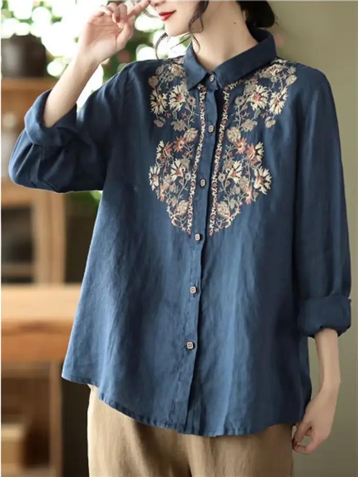 Chemisier rétro ample brodé en coton et polyester pour femmes, col rabattu, manches longues, idéal pour les festivals de musique et les occasions spéciales