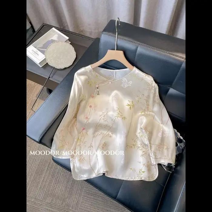 Chemisier élégant en satin imprimé bambou pour femme