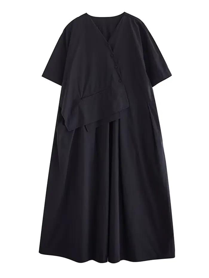 Robe longue décontractée kaki vintage patchwork à manches courtes pour femme