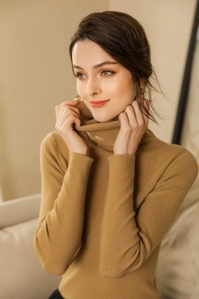 Pull en cachemire pour femme avec col roulé, élégant et douillet, idéal pour l'automne et l'hiver, occasions spéciales et tenues de bureau