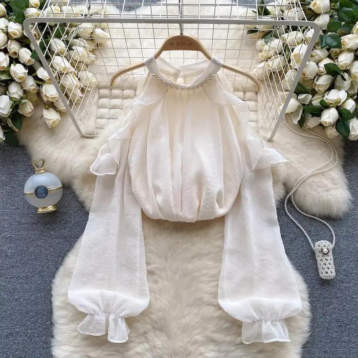 Chemisier chic français pour femme épaules dénudées perles col rond manches évasées élégant pour occasions spéciales femmes style bureau années toute saison