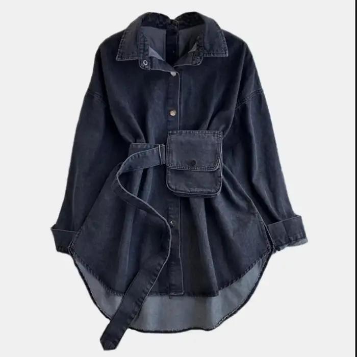 Chemise en denim polyester décontractée avec col rabattu pour femmes style streetwear occasions bureau et sorties casual