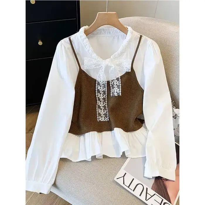 Ensemble chemise et camisole côtelée marron pour femme décontracté printemps automne élégant occassions spéciales