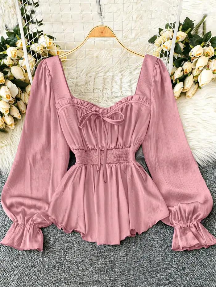 Haut en mousseline rose à manches longues pour femme