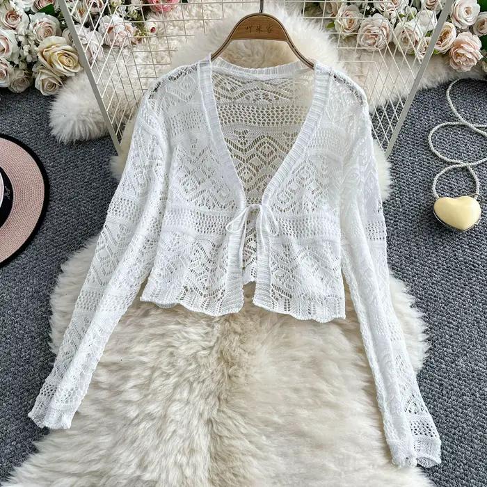 Cardigan court à nouer sur le devant pour femmes haut en tricot ajouré boléro léger pull d été Fairycore Boho Chic tenue de plage