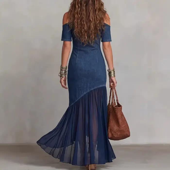 Robe de soirée d'été chic en jean à col montant pour femme