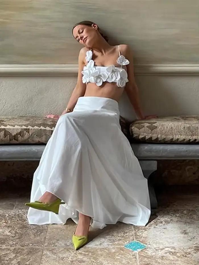 Chic 3d fleur à lacets Spaghetti sangle hauts courts pour les femmes 2024 été dos nu sans manches bustiers mode dame
