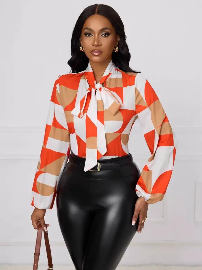 Chemisier Femme Printemps Eté Orange Blanc Imprimé Géométrique Col Noué Poignets Froncés Chic Bureau Occasions Spéciales