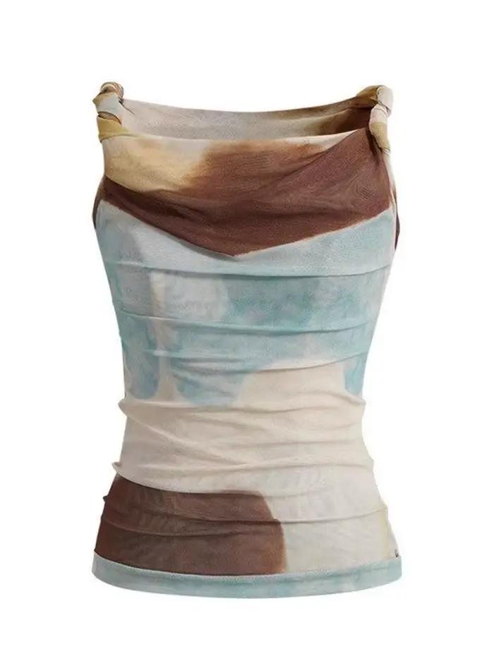 Aoaiiys Débardeur Femme Été Épaules Dénudées Camisole Imprimé Tie-Dye Abstrait Maille Coupe Irrégulière Ajustée Décontracté Streetwear