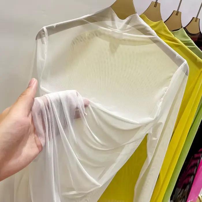 T-shirt à manches longues en gaze transparente pour femmes, vêtements d'été, chemise à col mi-haut, polyesthère et élasthanne, décontracté, saison estivale, ajustement parfait, BIDIJONES