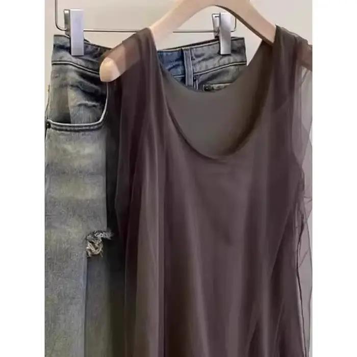 Débardeur sans manches en maille vintage couleur café pour femme