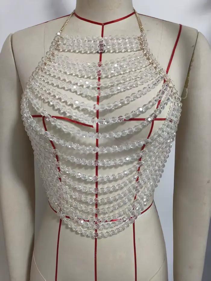 Gilet transparent multicouche à la main perles soutien-gorge chaîne culture sexy boîte de nuit danse costume gilet poitrine corps bijoux femmes printemps été