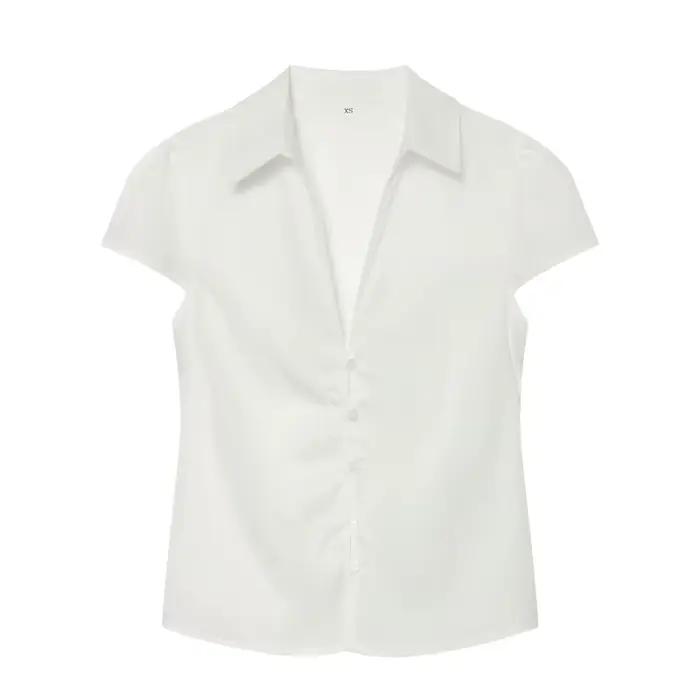 Chemisier à manches courtes pour femme - Blouse ajustée à col et détail froncé