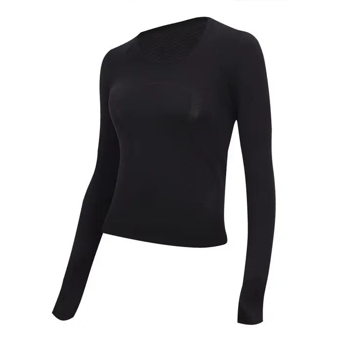 T-Shirt de yoga à manches longues pour femmes, haut de course, haute élasticité, respirant, tricoté, vêtement de fitness, séchage rapide, en nylon, ajustement serré pour femmes style sportif été