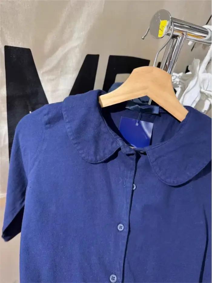 Bleu marine bouton BabyDoll hauts femmes coton décontracté col rabattu demi manches T-shirts femme Y2K doux mignon