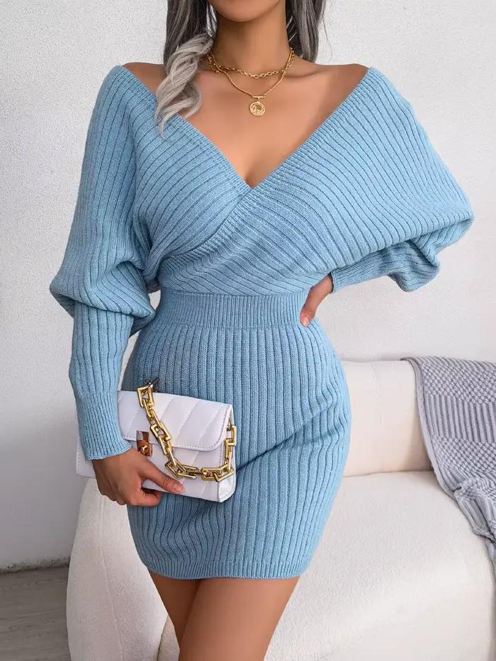 Robe pull moulante pour femmes automne hiver 2026 décontractée couleur unie manches longues robes tricotées style crayon col en V tricoter acrylique