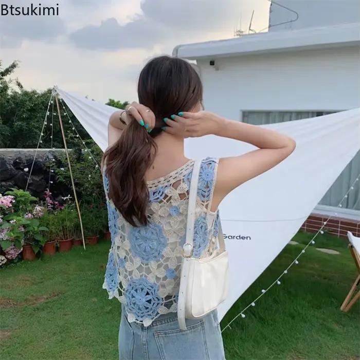 Nouveau pull court en maille ajourée brodé de fleurs au crochet pour femme style sexy et club occassions vacances plage soirées