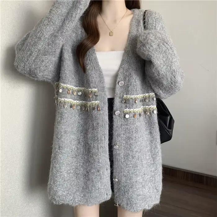 Veste pull à paillettes à col en v pour femme