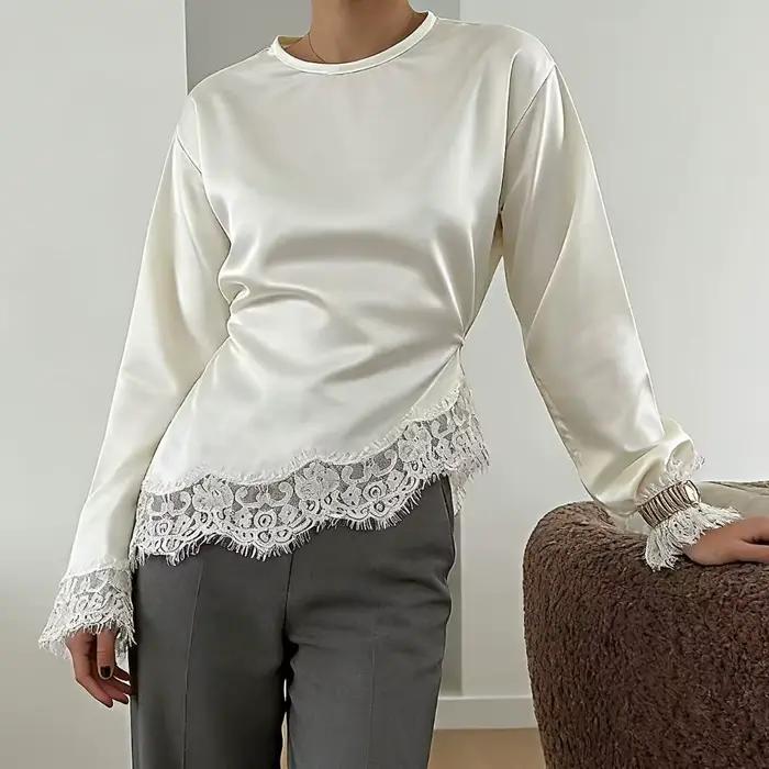 Haut asymétrique à ceinture avec empiècements en dentelle couleur unie pour femme manches longues évasées ourlet irrégulier haut à lacets occassions spéciales sortie soirée élégance décontractée