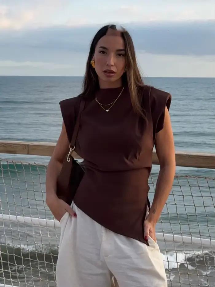HH femmes nouvelle mode mince hauts solide col rond sans manches dos fermeture éclair femme été décontracté asymétrique