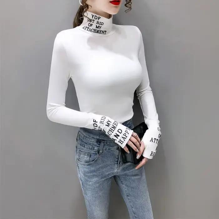 T-shirt à manches longues et col roulé en coton pour femme
