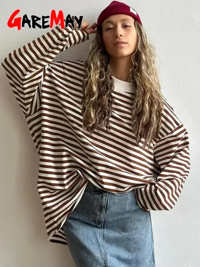 T-shirt rayé en coton pour femme, style décontracté et vintage, printemps été, col rond, légèrement extensible, coupe lâche, pour occasions informelles