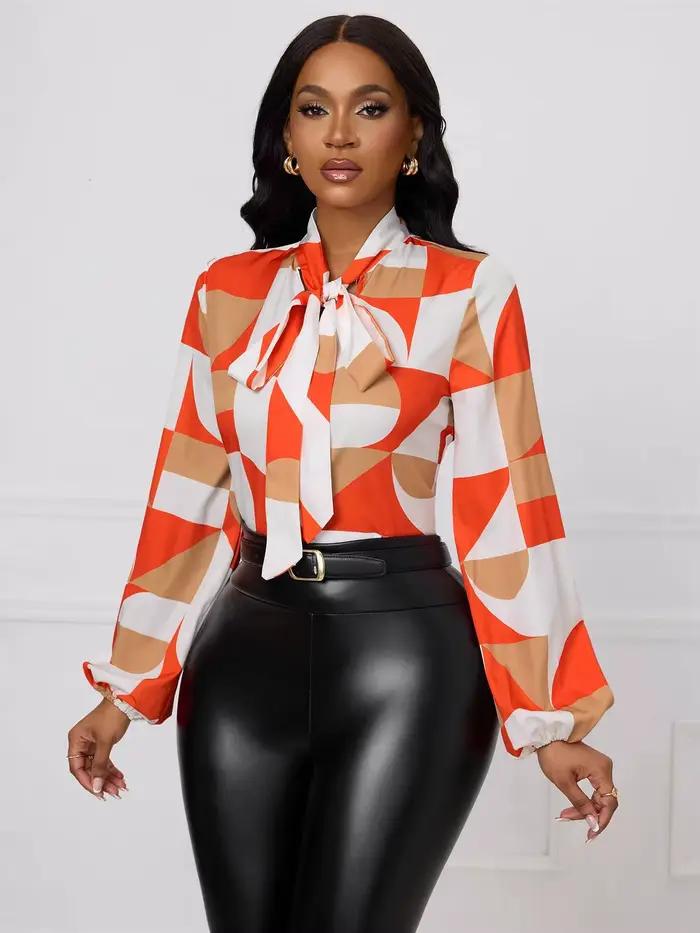 Chemisier Femme Printemps Eté Orange Blanc Imprimé Géométrique Col Noué Poignets Froncés Chic Bureau Occasions Spéciales