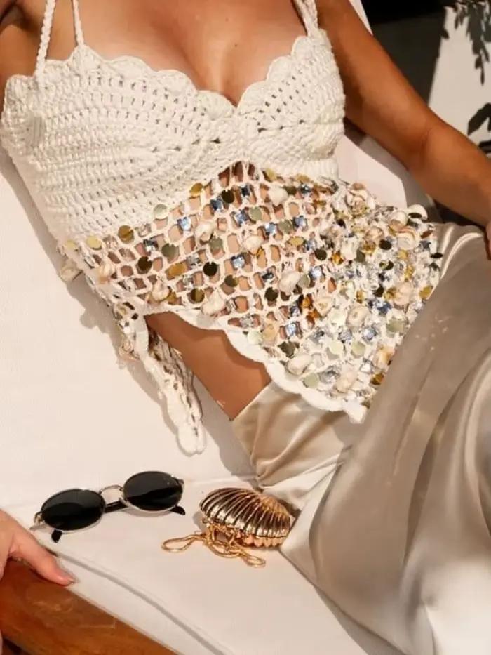 BKQU Débardeurs en crochet Y2K à sequins pour femmes