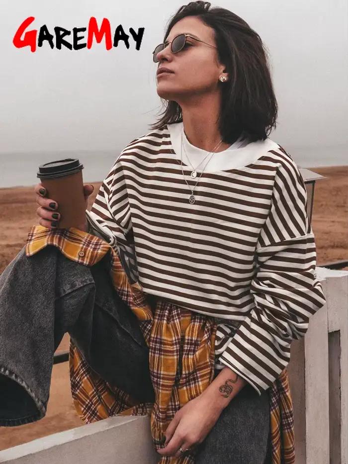 T-shirt rayé en coton pour femme, style décontracté et vintage, printemps été, col rond, légèrement extensible, coupe lâche, pour occasions informelles