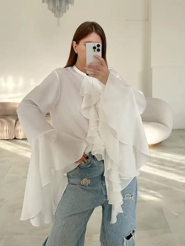 Chemisier en mousseline transparente à volants pour femme WXOY