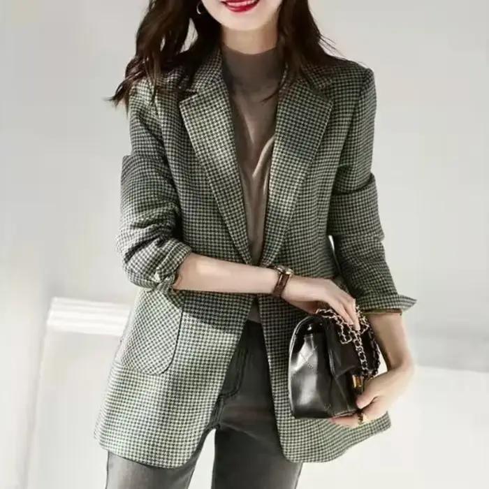 Veste à carreaux verte pour femme, vêtement d'extérieur simple, automne-hiver, style décontracté, matériau coton-polyester-élasthanne, idéal pour les occasions quotidiennes et les événements familiaux