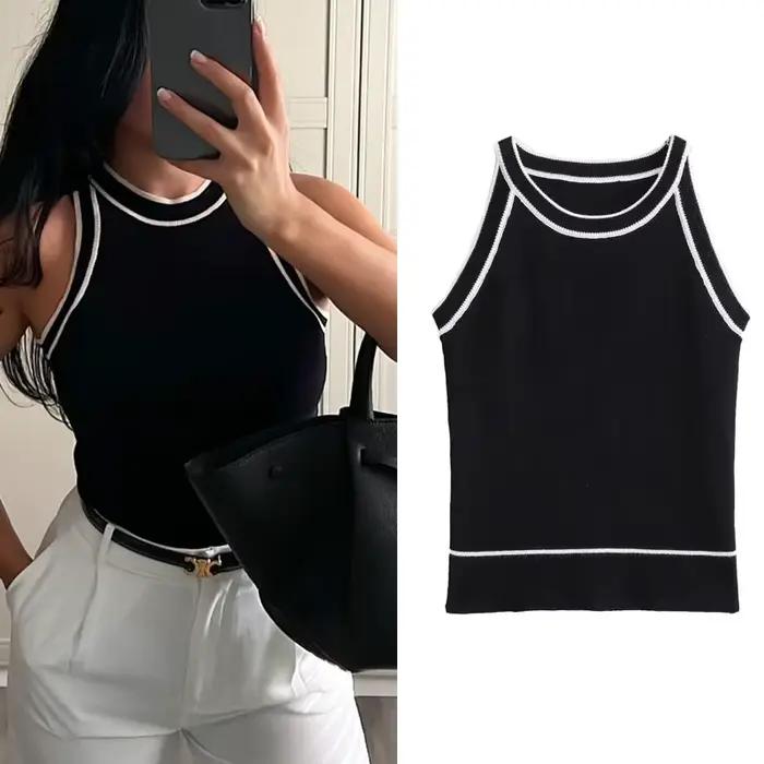 MUJER noir tricot débardeurs pour femmes sans manches haut court femme épaules nues tricoté