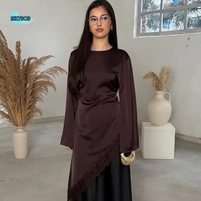 Chemisier à ourlet en dentelle tombant, respirant, à manches longues, coupe irrégulière, confortable, simple, style chemise longue, pour le quotidien et les sorties printemps été
