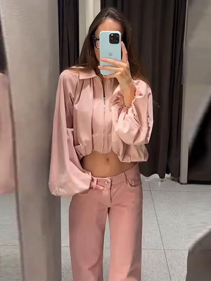 Blouson bomber court pour femmes avec manches lanternes, col rabattu, coupe slim, polyester et lin, pour toutes les saisons, mode urbaine, occassions spéciales