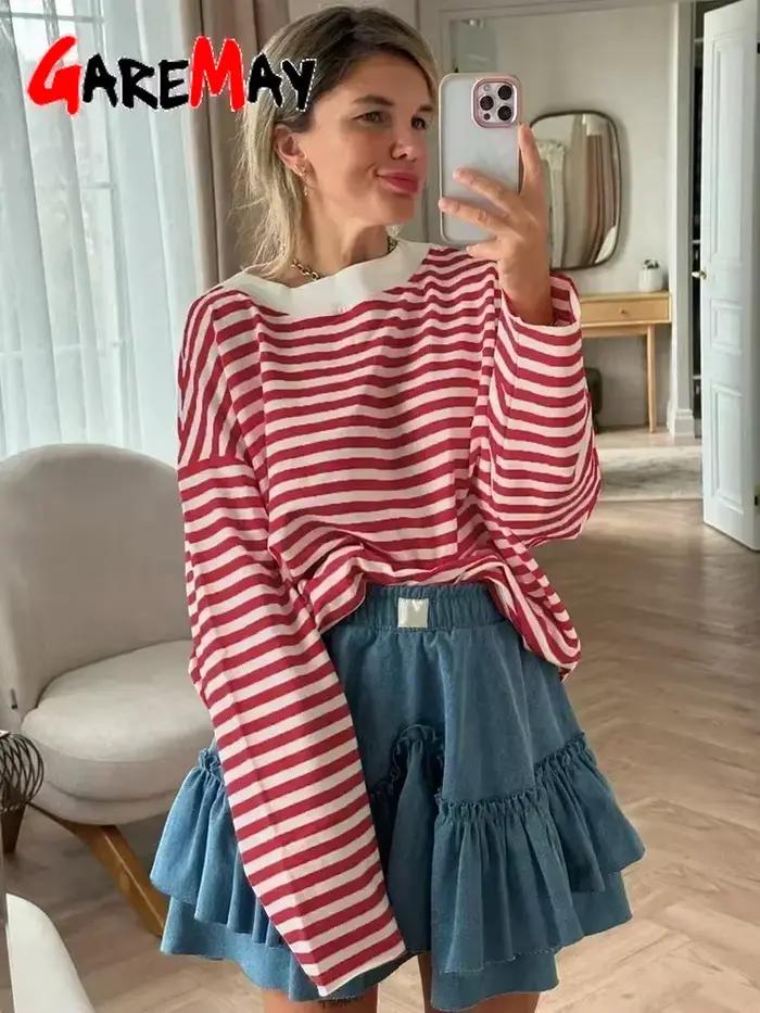 T-shirt rayé en coton pour femme, style décontracté et vintage, printemps été, col rond, légèrement extensible, coupe lâche, pour occasions informelles