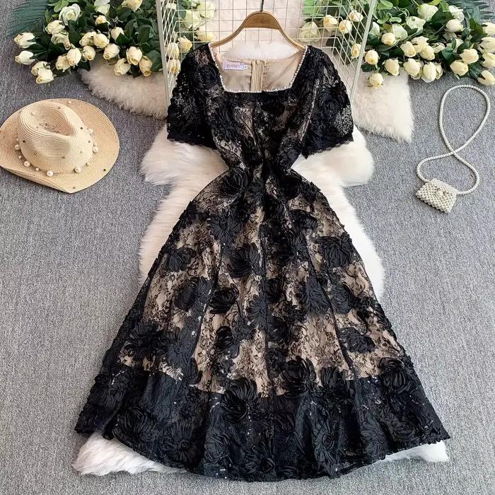 Luxe femmes été broderie dentelle perles col carré à manches courtes mode élégant décontracté fête vacances robes
