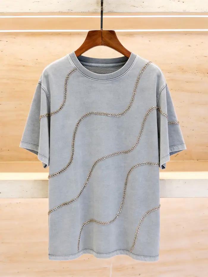 T-shirt décontracté gris à manches courtes pour femme avec strass