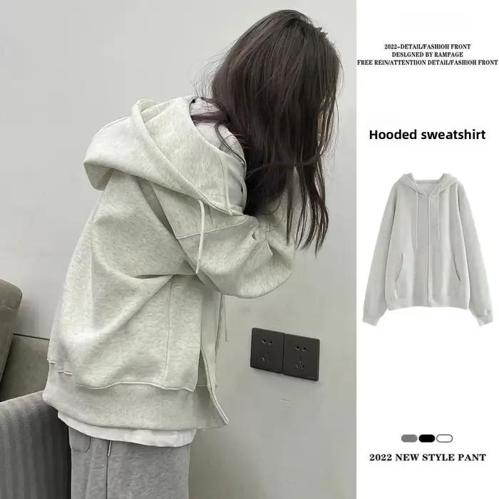 Sweat-shirt à capuche gris pour femme cardigan en polaire épaisse style décontracté couleur unie coupe ample pull-over printemps automne confortable polyvalent occassions spéciales