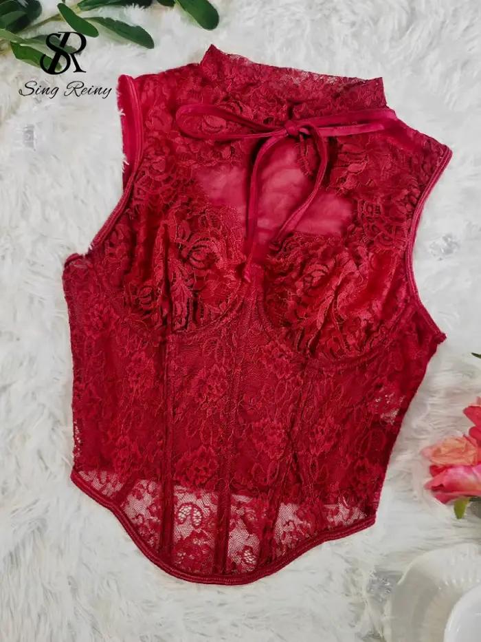 SINGREINY France rétro dentelle Corset mince évider nœud Mini hauts femmes solide Sexy pure mode été Clubwear sans manches Camis