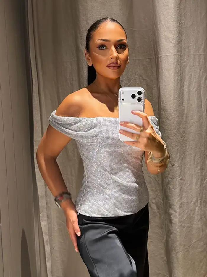 HH femmes été Sexy mince une pièce col haut argent diamant décoration
