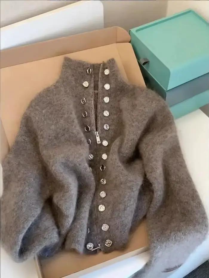 Cardigan tricoté moelleux de luxe pour femme, coupe ample, fermeture éclair totale, automne-hiver, années 2000, style décontracté élégant, pour sorties et événements formels