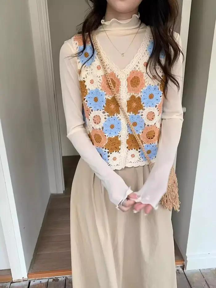Haut en crochet Granny Square transparent pour femme style bohème occassions spéciales été printemps tricoté polyester ajustement confortable