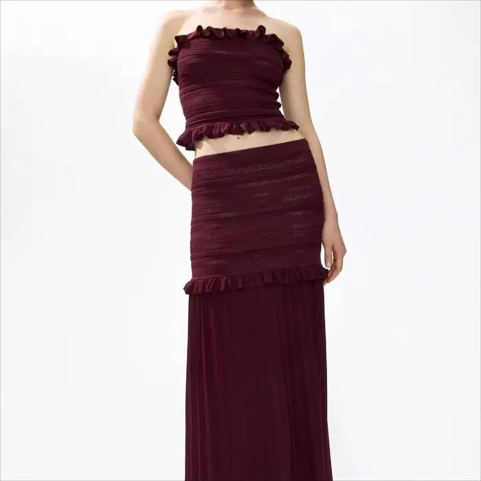 Ensemble 2 pièces haut en maille froncé et jupe longue taille haute