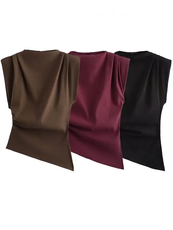 HH femmes nouvelle mode mince hauts solide col rond sans manches dos fermeture éclair femme été décontracté asymétrique