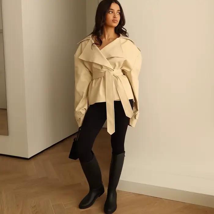 F nouvelle mode à lacets recadrée Trench Coat femmes revers manches longues large épaule coupe-vent veste automne déplacements quotidiens vestes