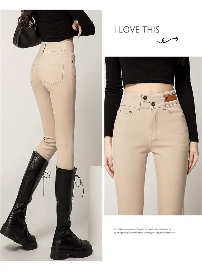 Jean Skinny Taille Haute Femme Boutonné Style Y2K en Denim Extensible Classique Amincissant Jeggings Pantalon Kaki Noir